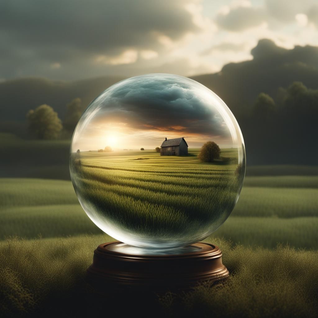 Glass Orb Reflecting Farmland: Digital Matte Painting