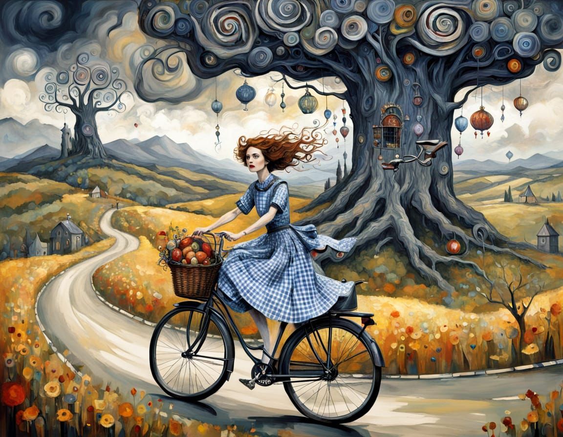wizard of oz, Dorthy riding her bike with toto dog in the bi...