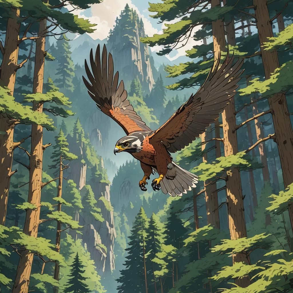 Falcon Soaring Through Forest: Anime Key Visual