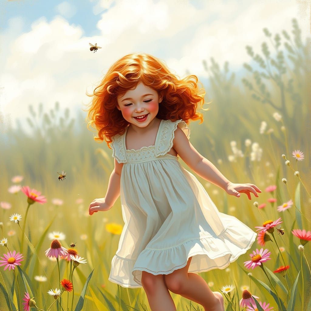 Whimsical Redhead in a Sunlit Meadow