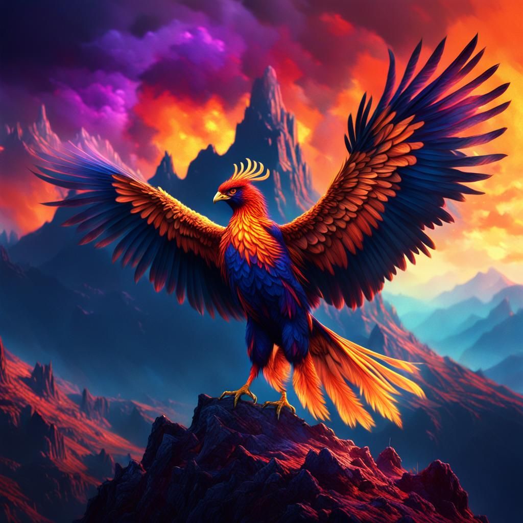Fiery Phoenix on Mountain Peak in Cinematic Style