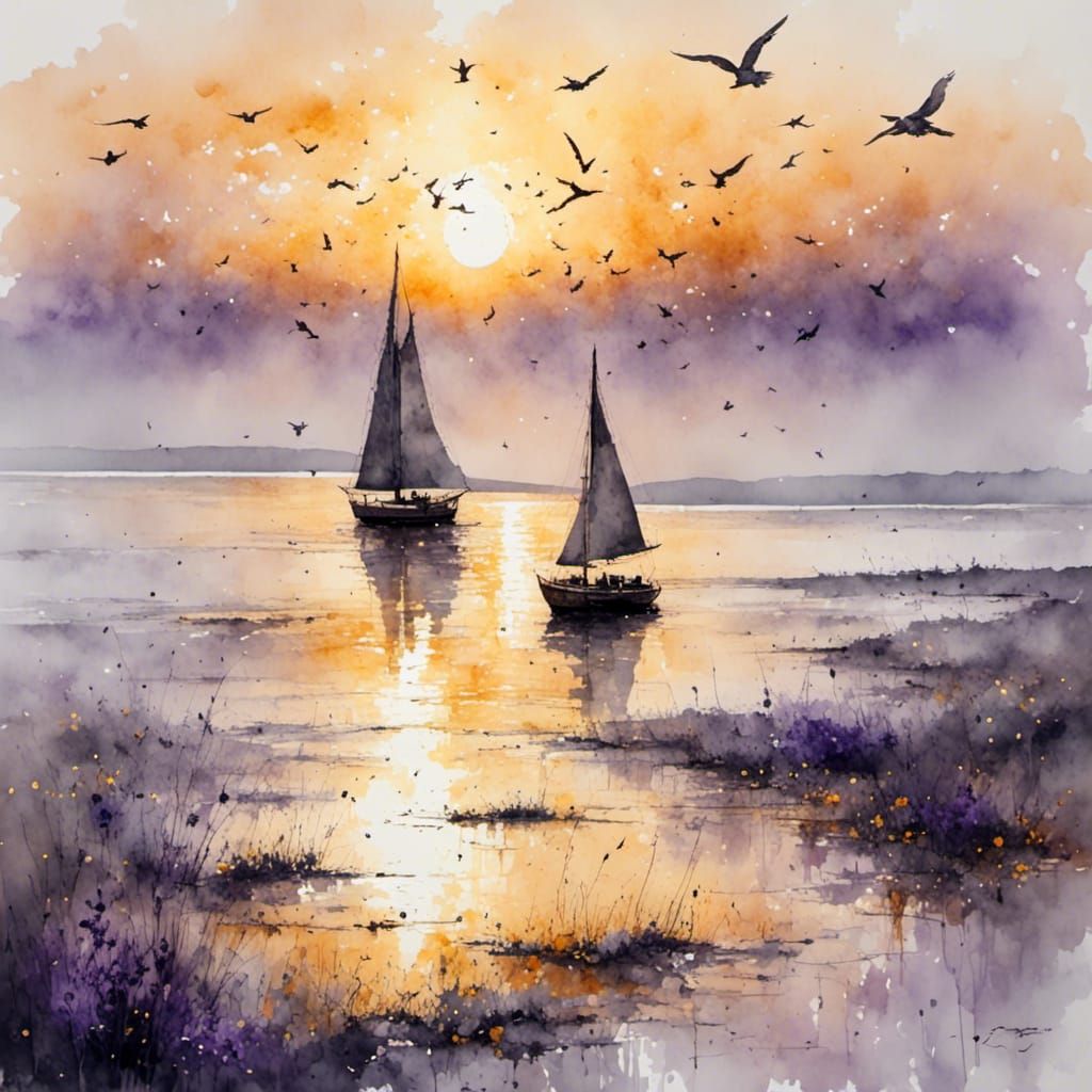 Seascape at Dawn: Boat Sails into the Light