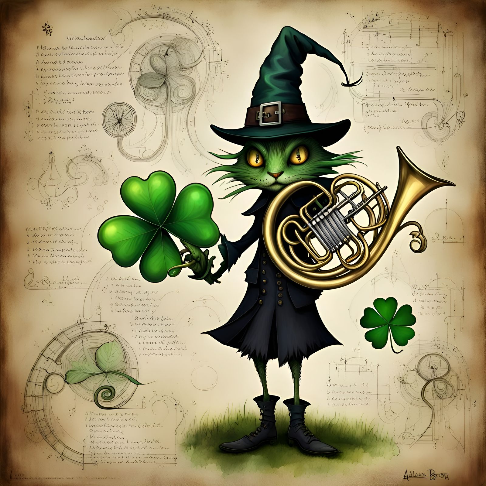 Lucky Witch Familiar with French Horn, Illustrated