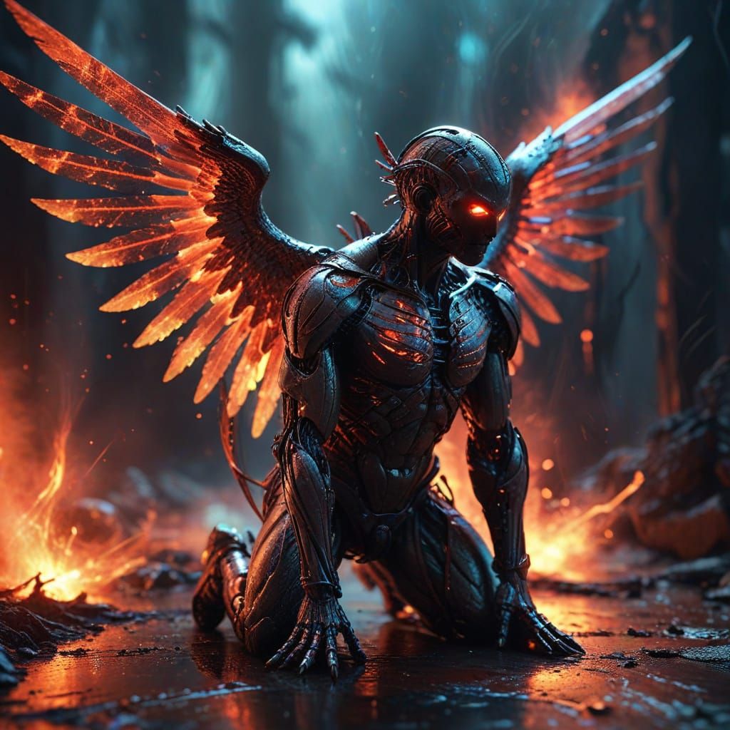 Cybernetic Fallen Angel with Bioluminescent Wings