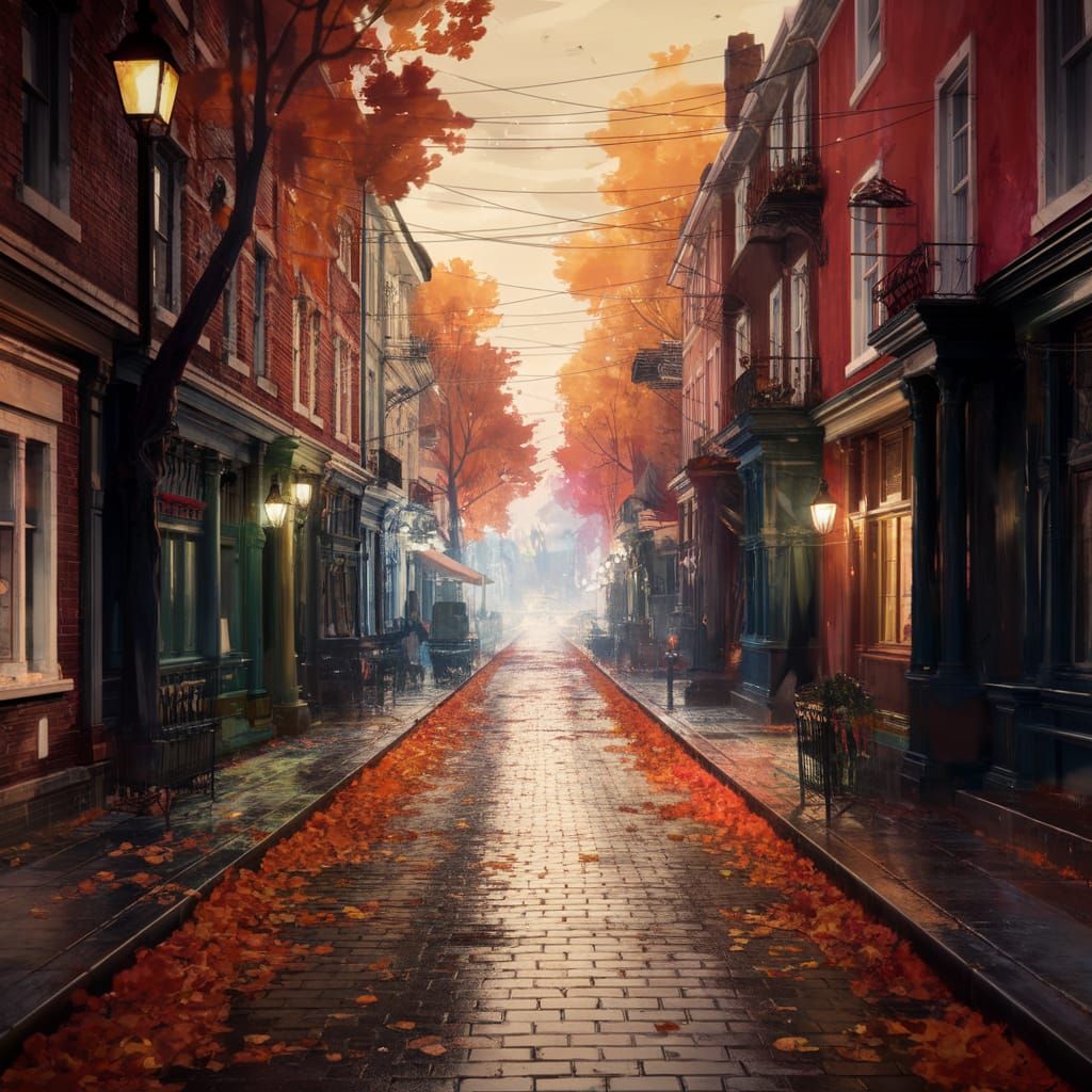 Autumn City Street Watercolour Painting