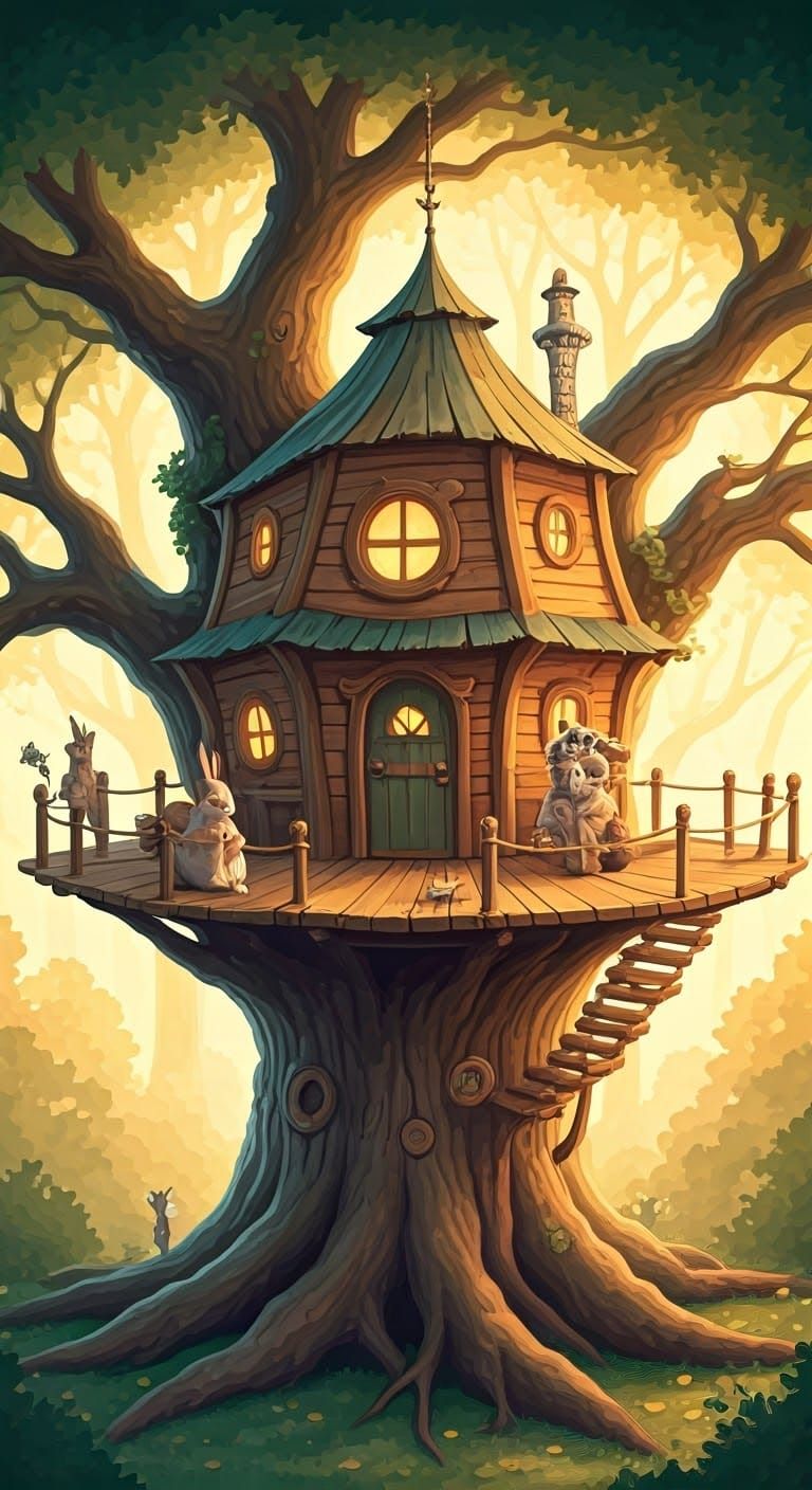 Treehouse Scene in Dreamy Watercolor Style