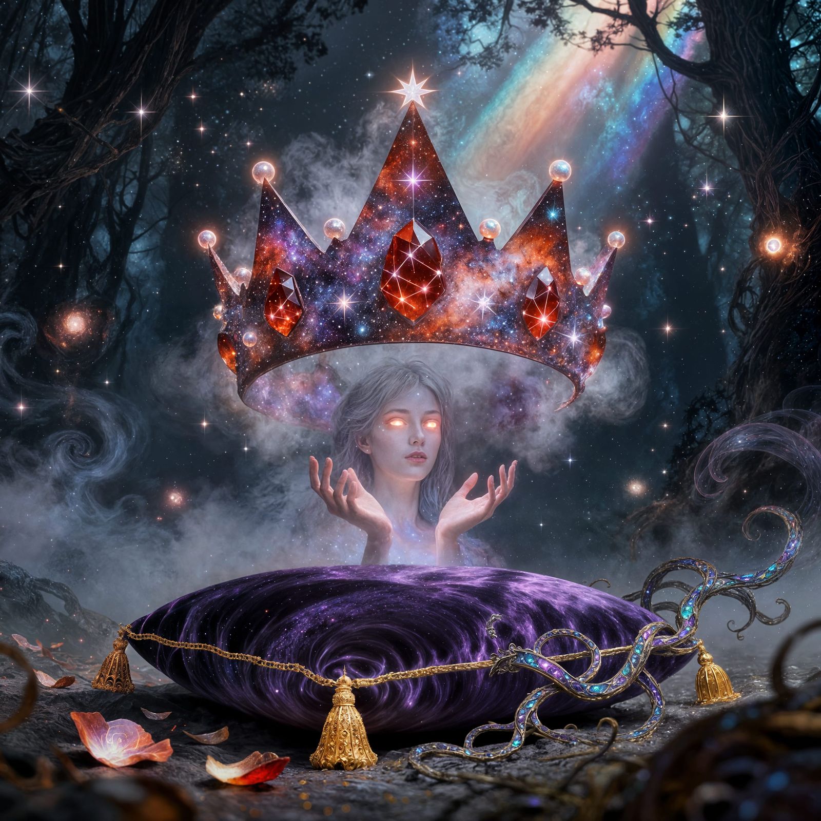 Cosmic Queen Crown Manifests in Enchanted Forest