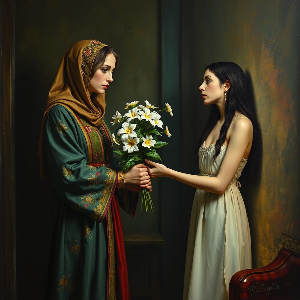 Surrealist Biblical Scene: Leah Offers Flowers to Rachel