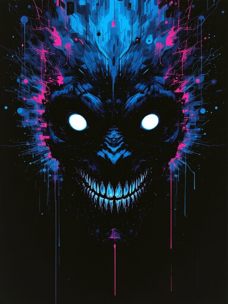 Grinning Cyberdemon Shifting Dimensions in Glitchcore Art