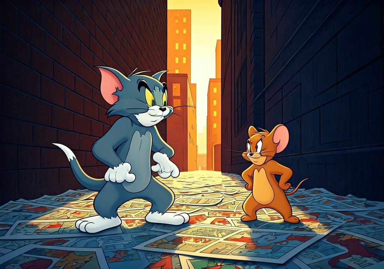 Tom and Jerry Comic Book Standoff in Alleyway