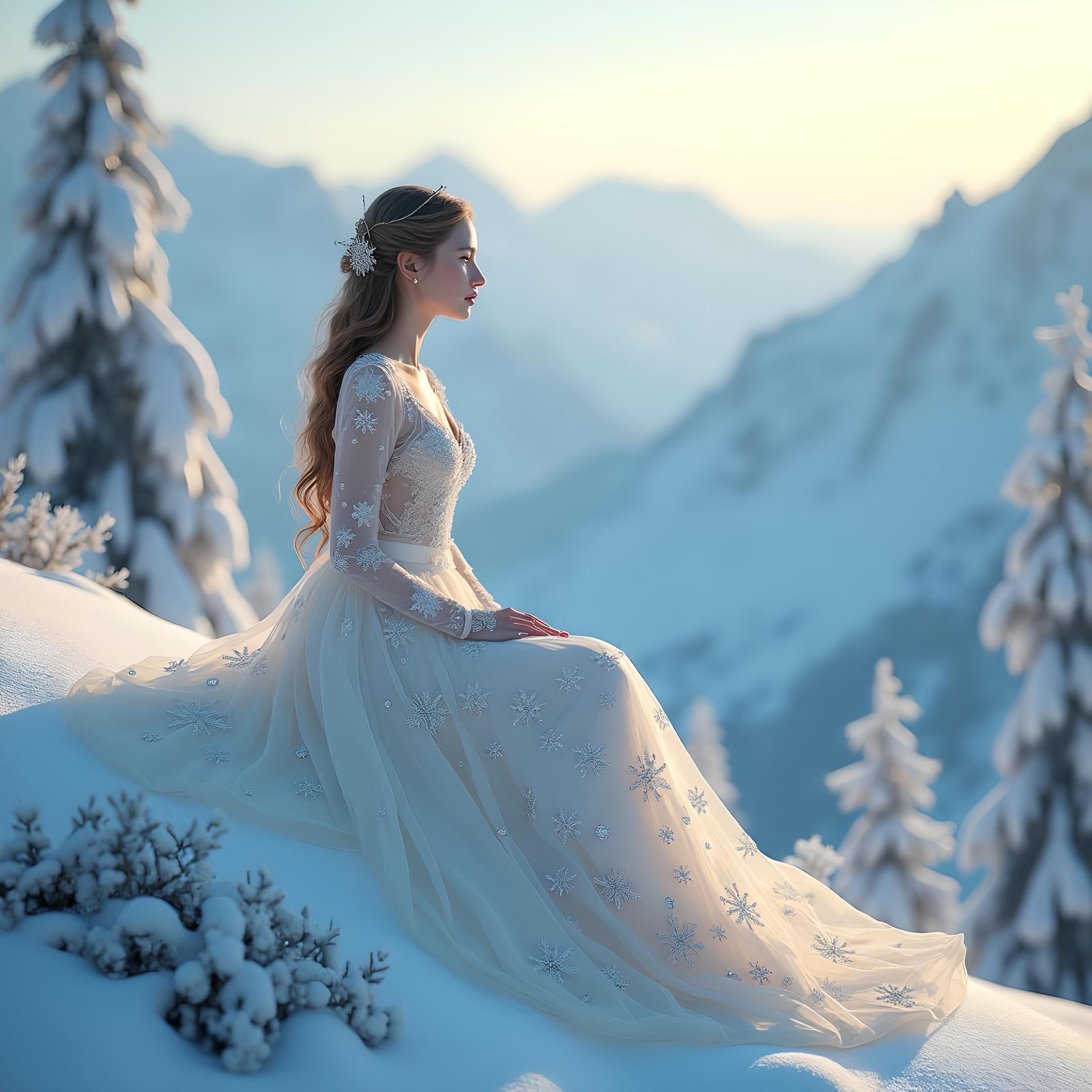 Girl on Snowy Mountain in Fantasy Concept Art