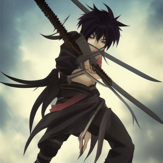 Gothic Anime Swordsman with Katana, Detailed Digital Art