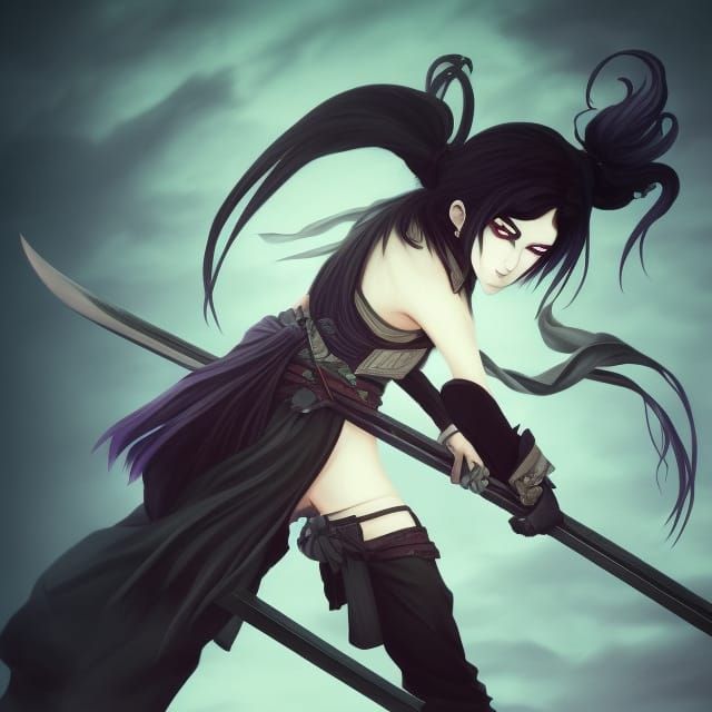Gothic Anime Swordsman with Katana, Studio Ghibli Style