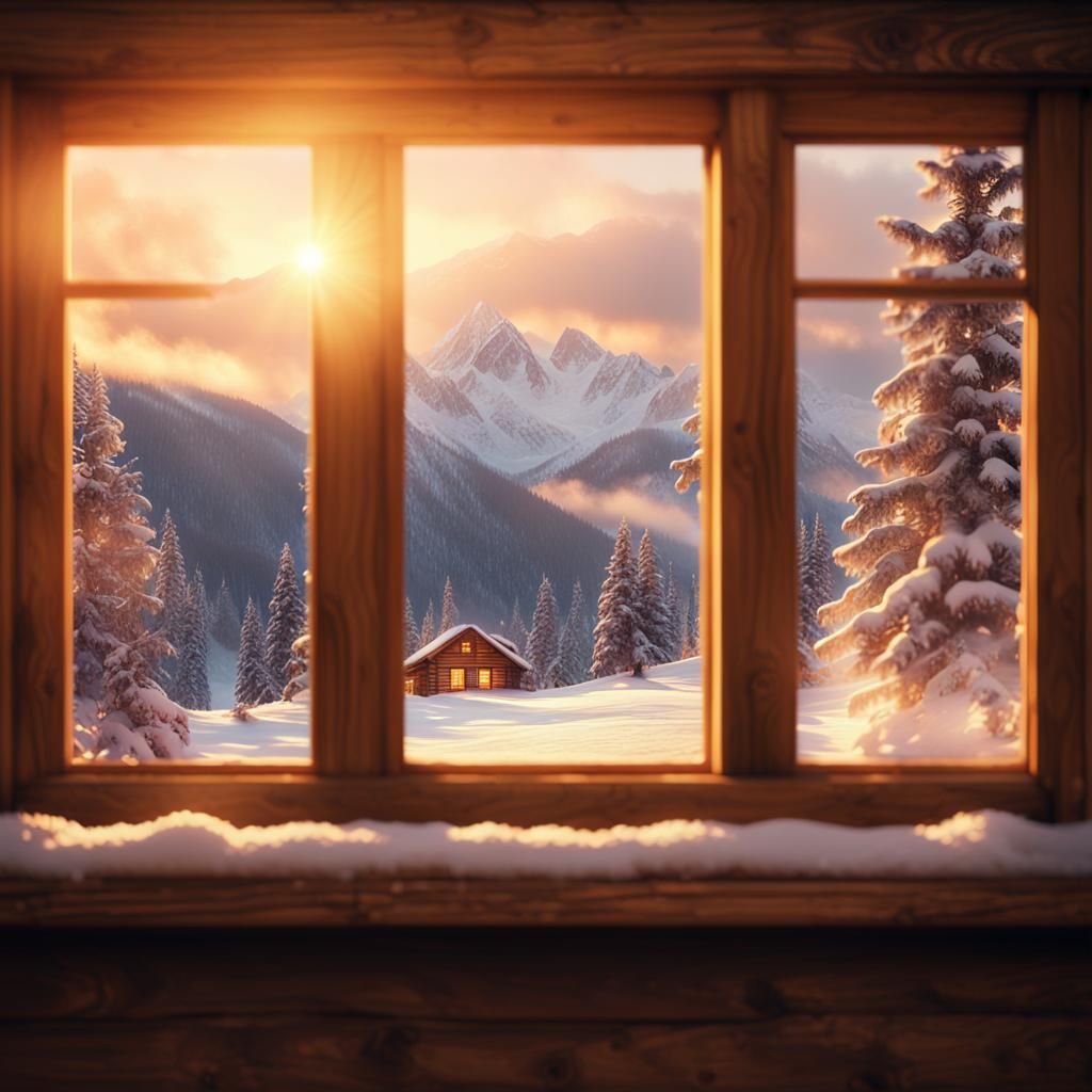 Cozy Cabin Window View in Winter Landscape