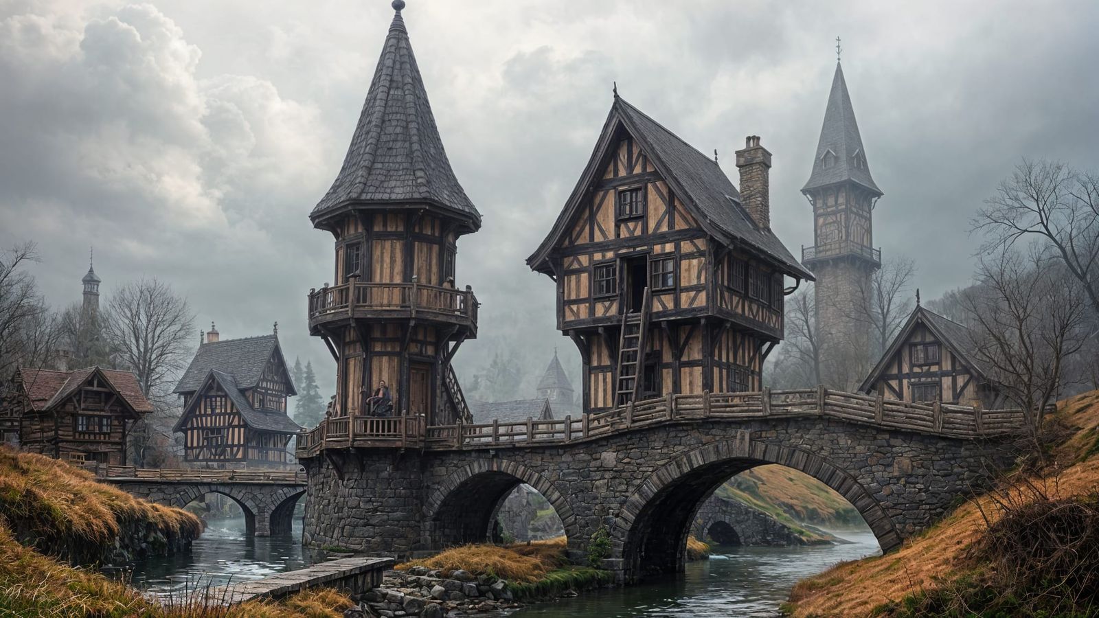 Whimsical Wizards' Village in Misty Half Timbered Charm
