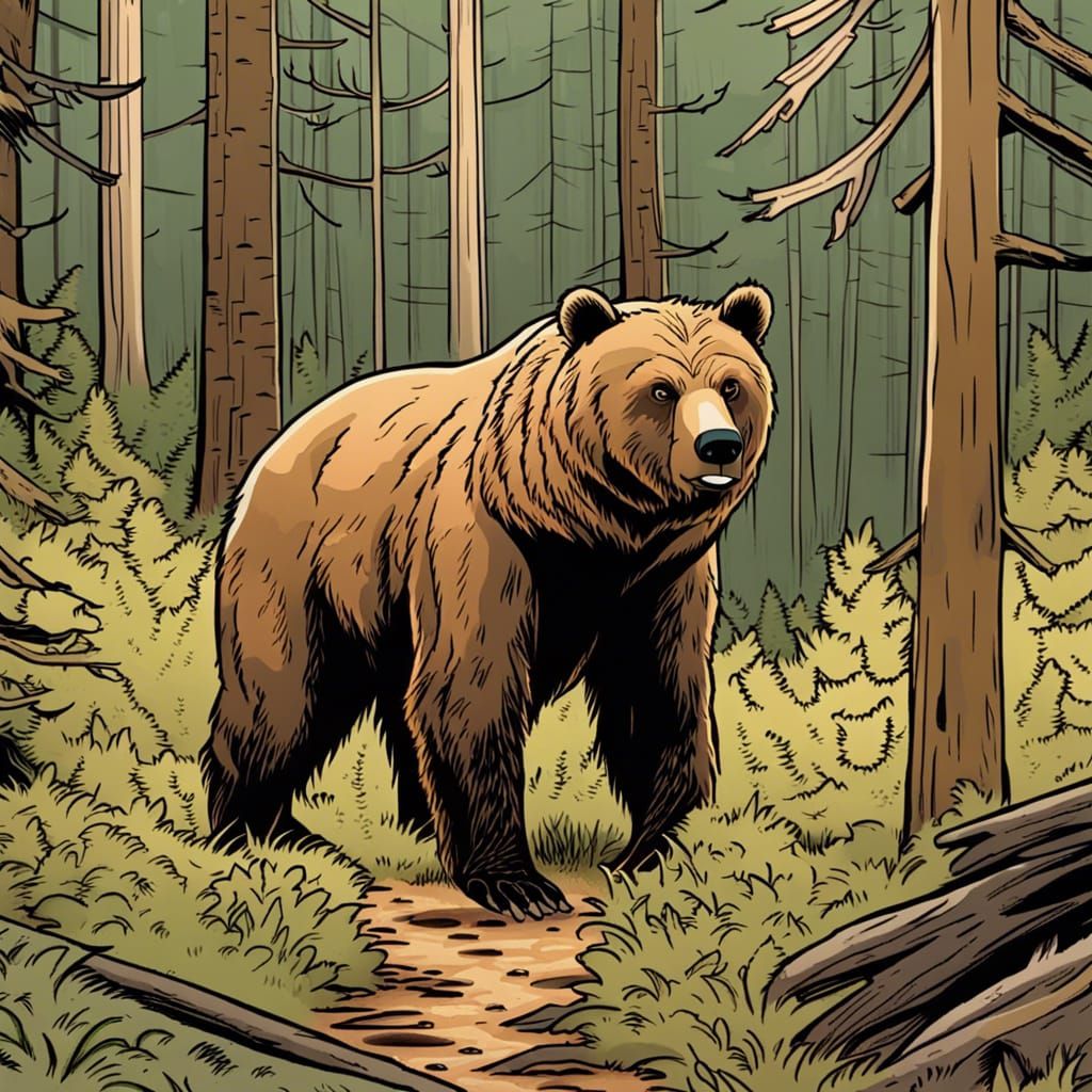 Cartoon Grizzly Bear in Forest Illustration