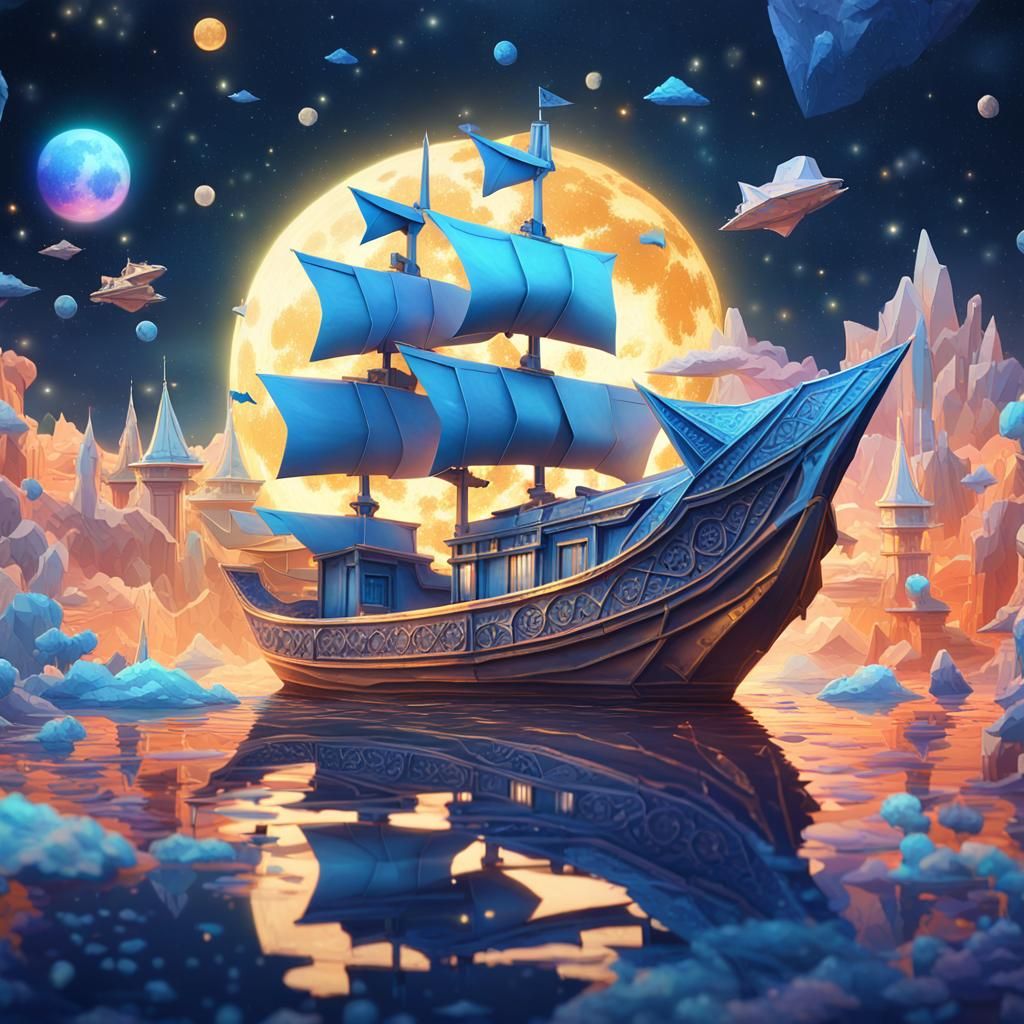 Origami Boat Sails in Space: Anime Watercolor Concept