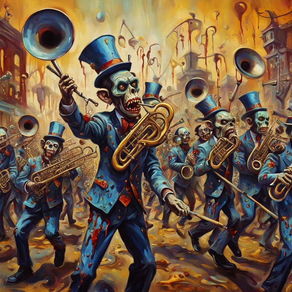 Surreal Zombie Monkey Clown Parade in Dreamlike Oil