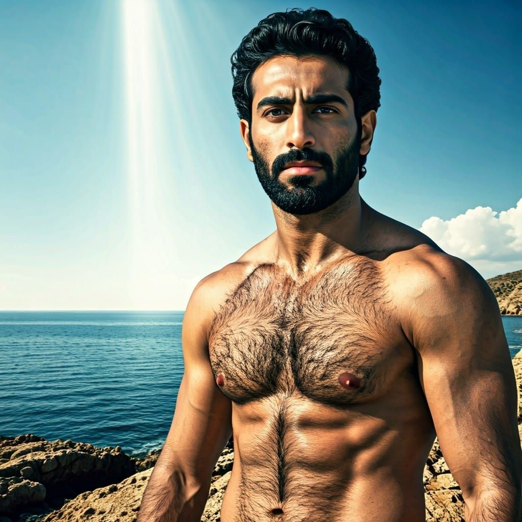 Muscular Arab Man on Rocky Cliff in Cinematic Style