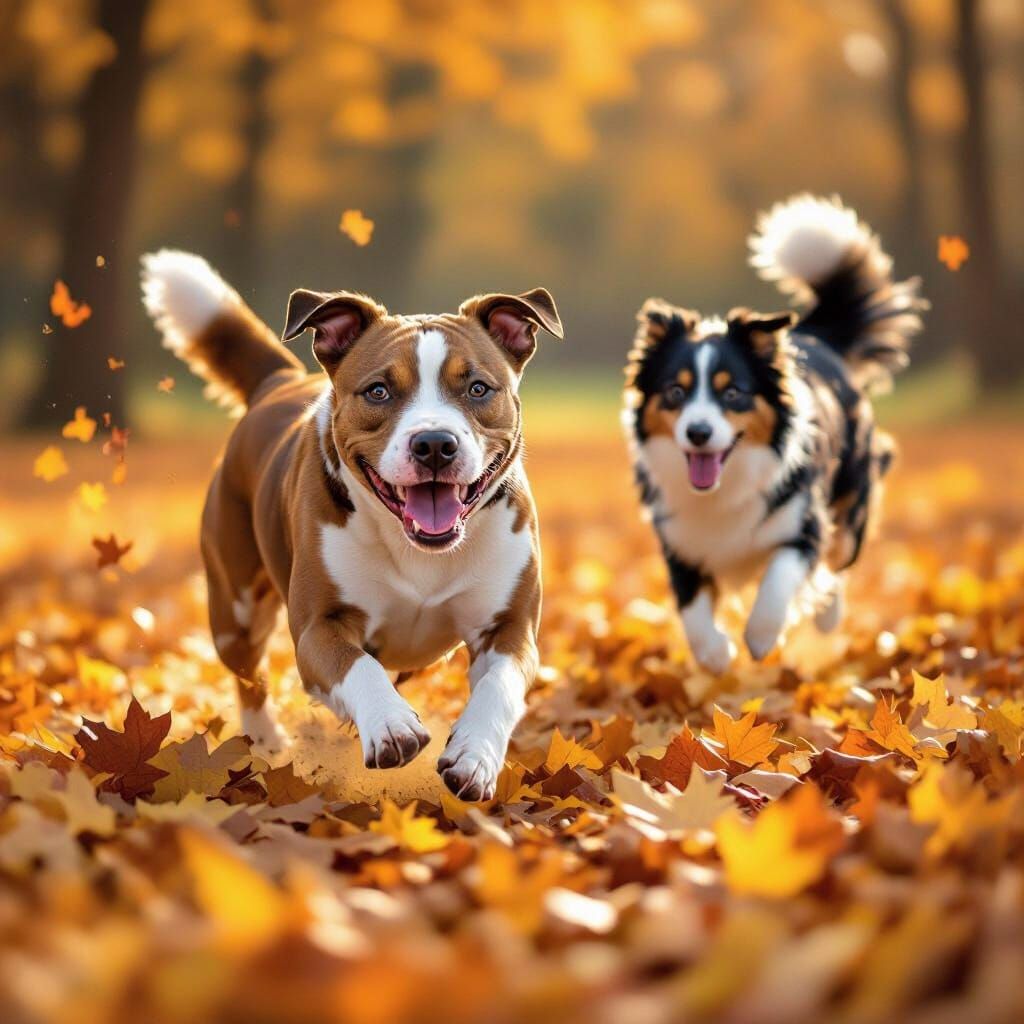 Joyful Pit Bull and Collie Playing in Autumn Leaves
