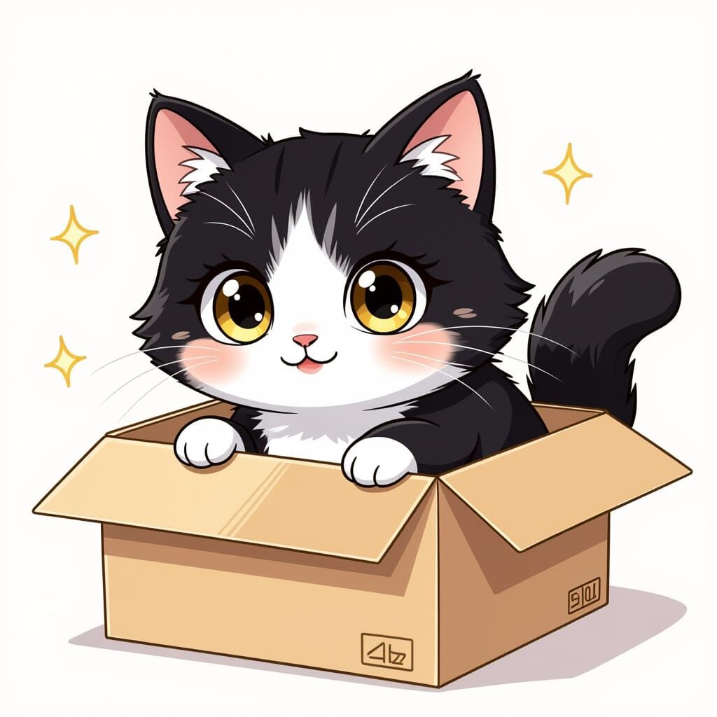 Cute Chibi Tuxedo Cat Playing in a Box