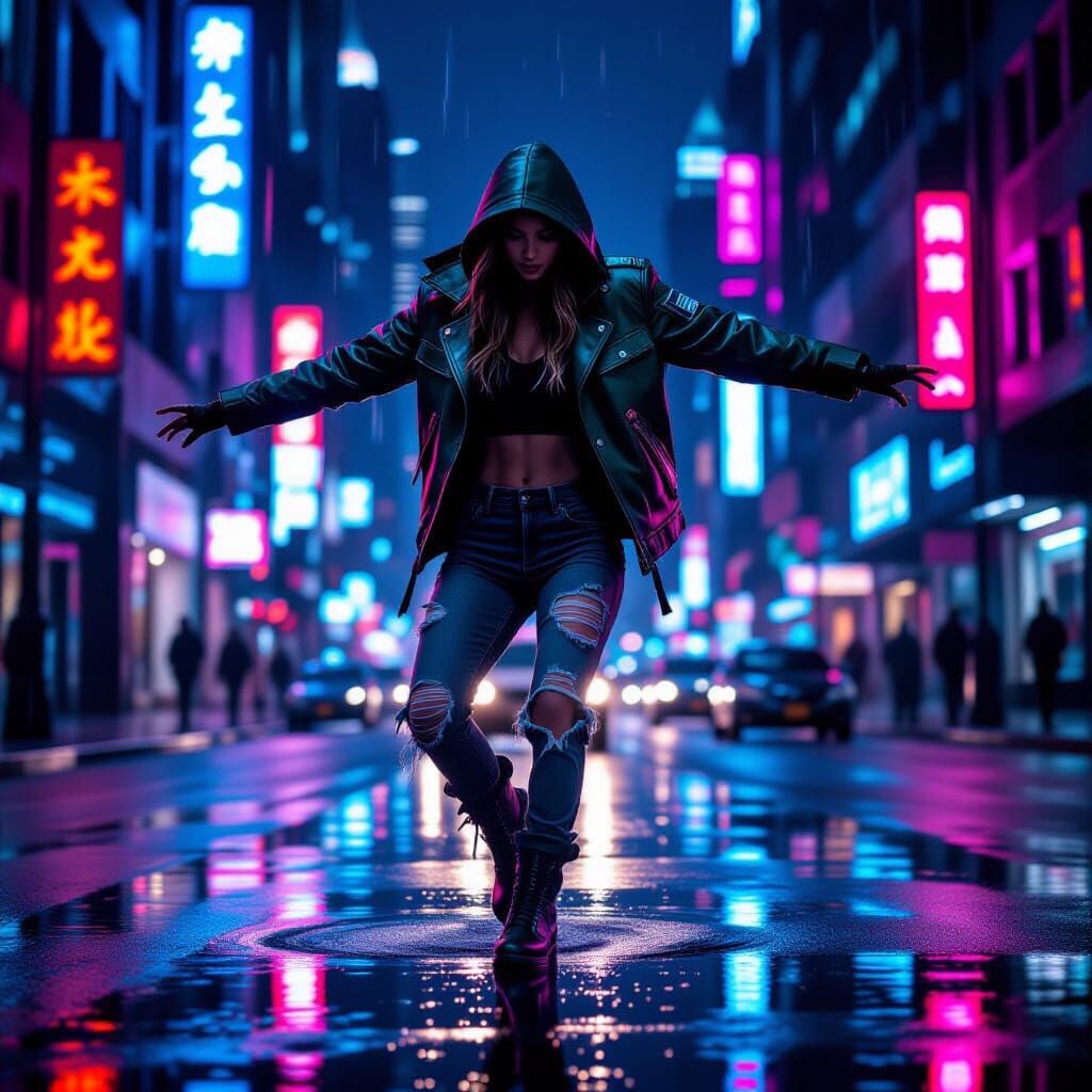 Urban Dancer in Military Jacket on Rainy Street at Night