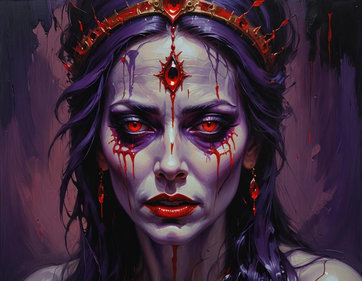 Crying Woman with Third Eye in Gothic Oil Painting