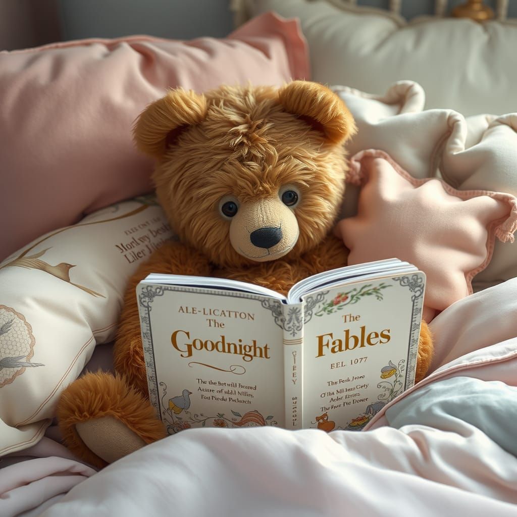 Teddy Bear Reads Fables in Dreamy Bedtime Scene