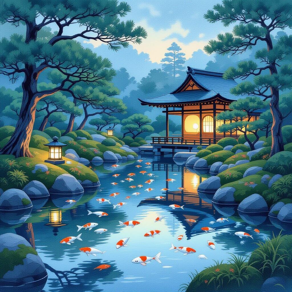 Twilight Japanese Garden with Koi Pond