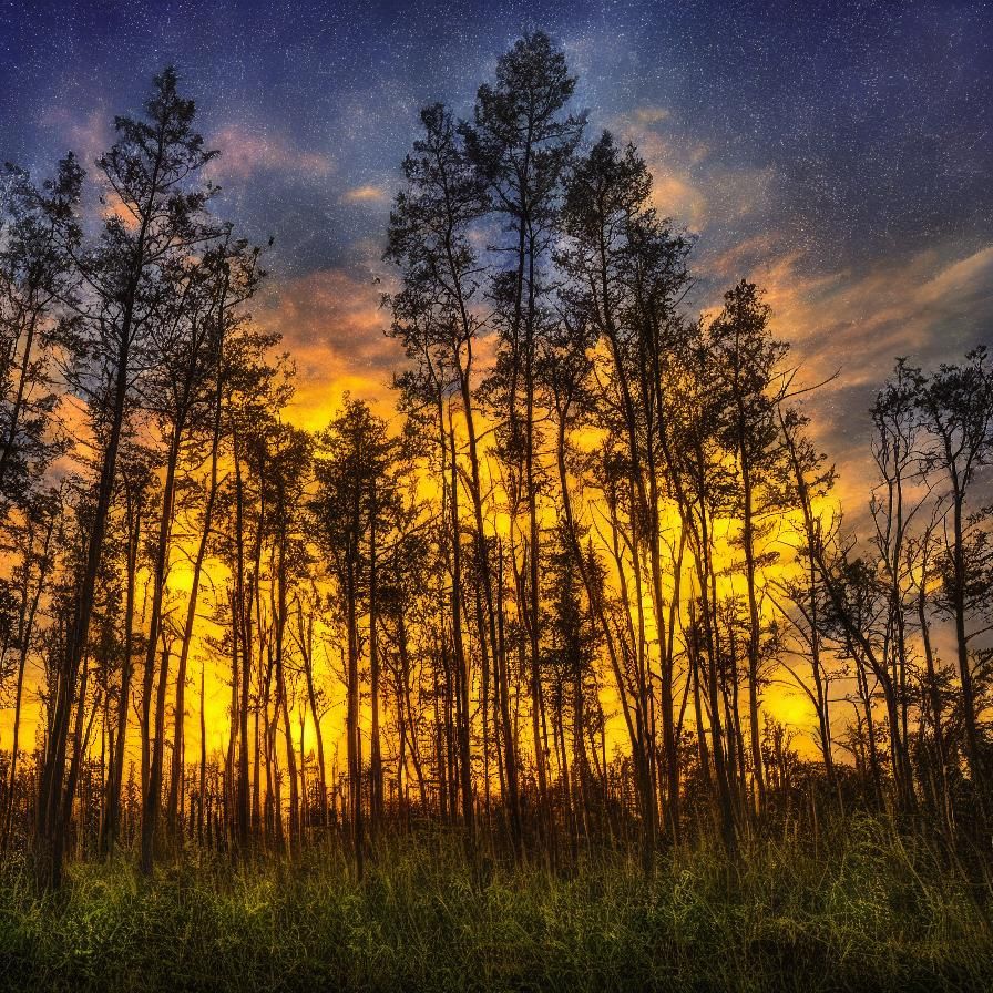 Fiery Sunset Over Burning Treeline in Galaxy Sky