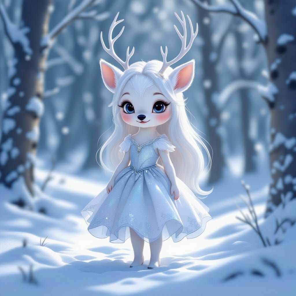 Cute White Deer Nymph in Snowy Wonderland