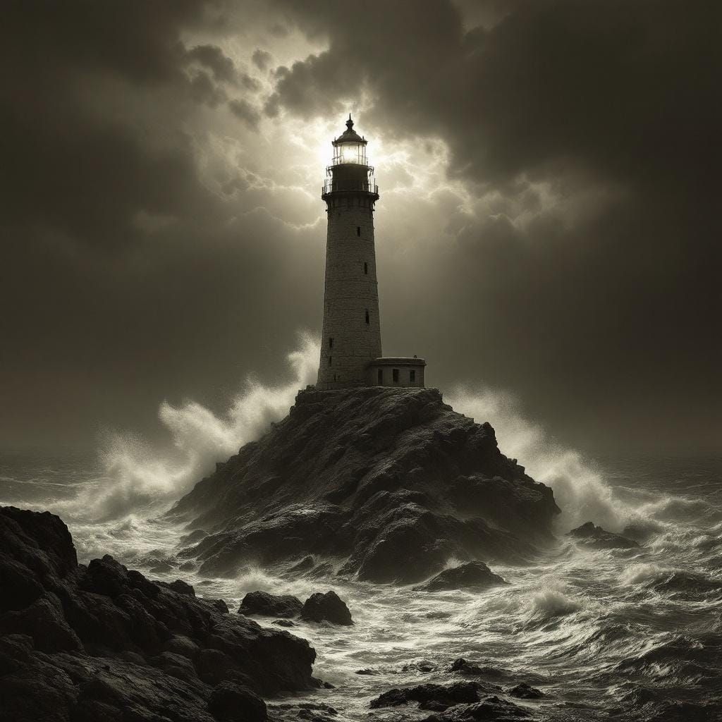 Lighthouse in Stormy Seas: Dramatic Black and White
