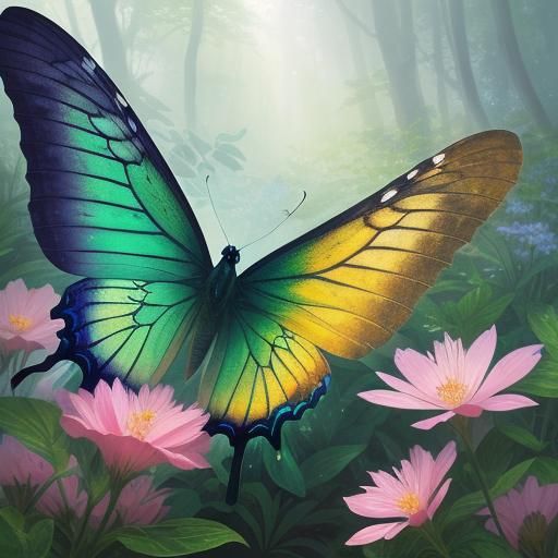 Ethereal Butterfly in Forest, Thomas Kinkade Style