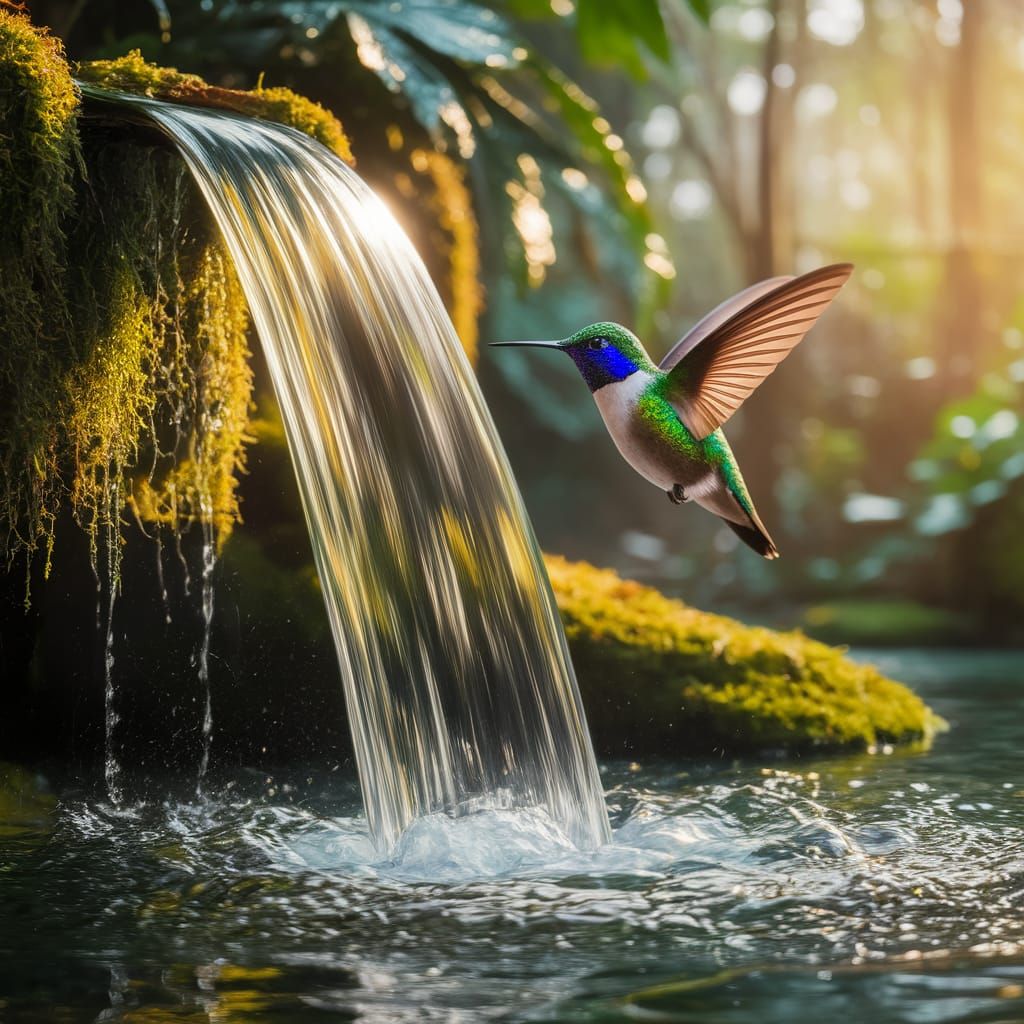 Hummingbird Over Waterfall in Lush Rainforest Bokeh