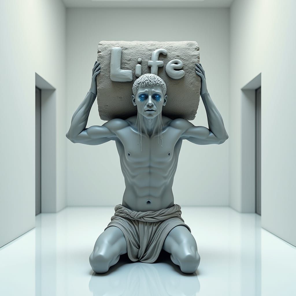 Grey Figure Overwhelmed by Burden in Minimalist White Room