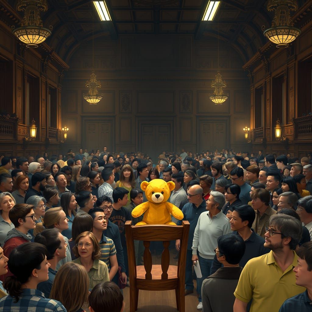 Vibrant Crowd Surrounded by a Bright Yellow Teddy Bear in a ...