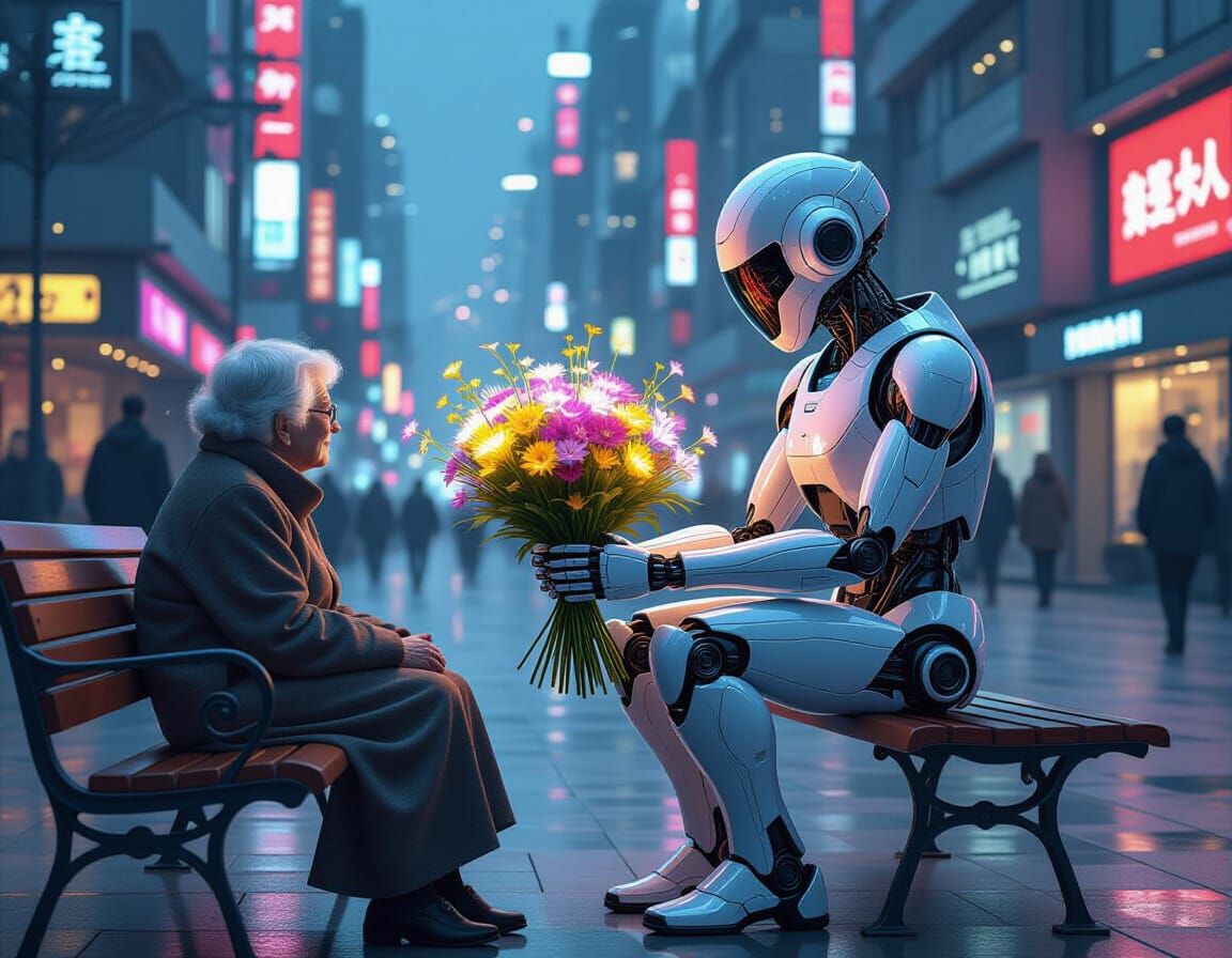 Futuristic Android Offers Bioluminescent Flowers to Elderly ...