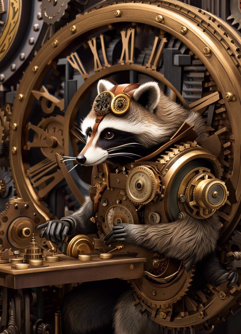 Steampunk Raccoon Assembling a Clock in Factory