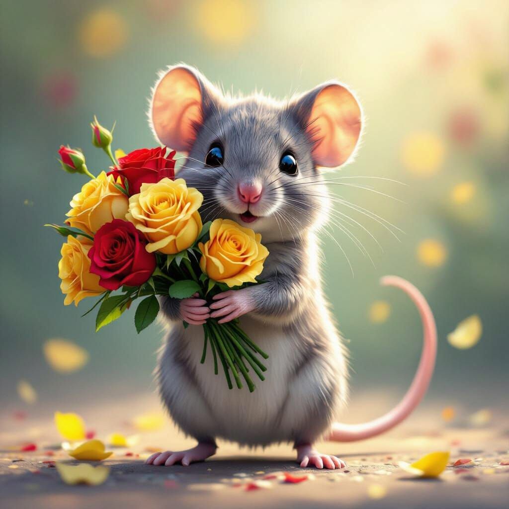 Realistic Grey Mouse Holding Roses, Dramatic Lighting
