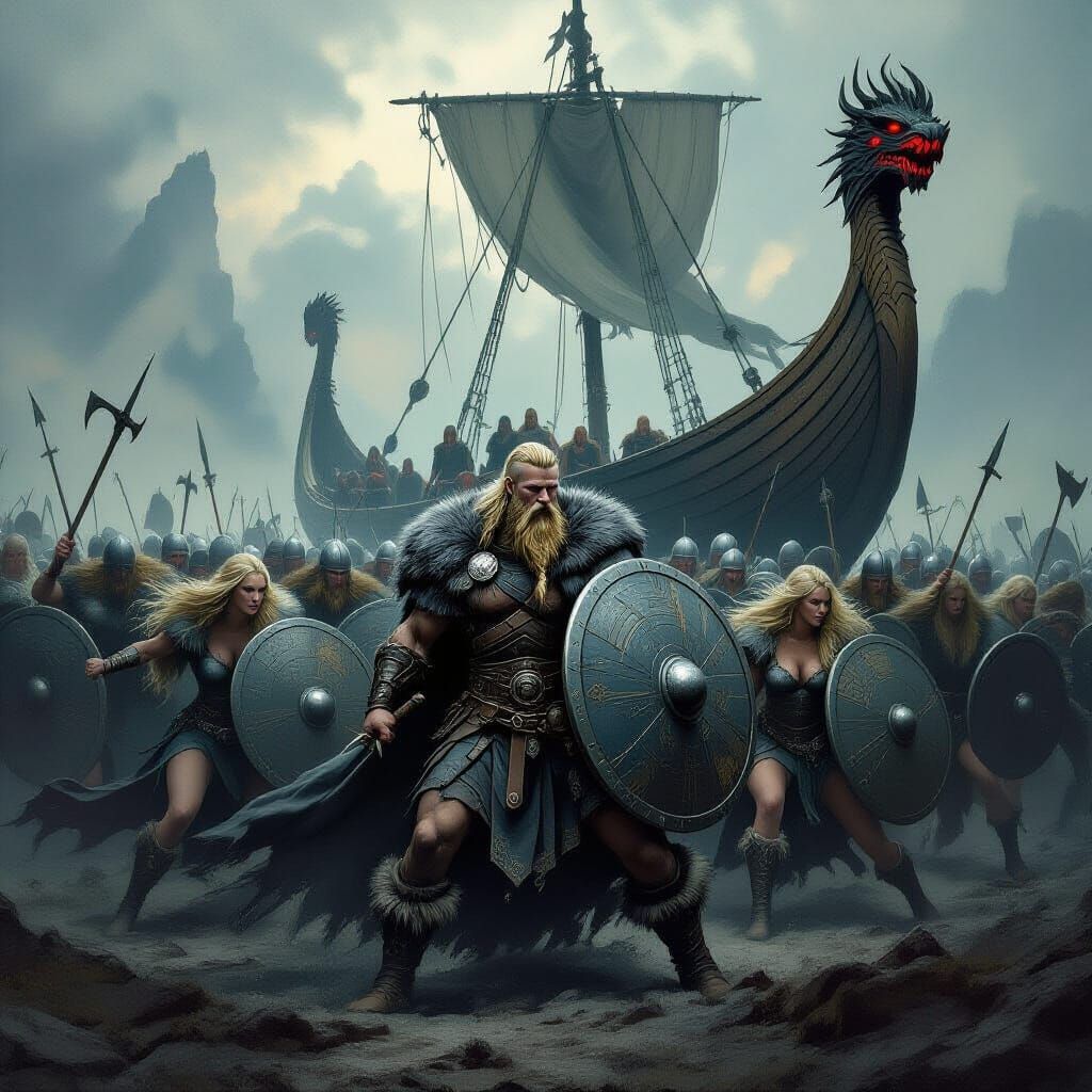 Viking Shield Wall with Valkyries in Dark Art Style