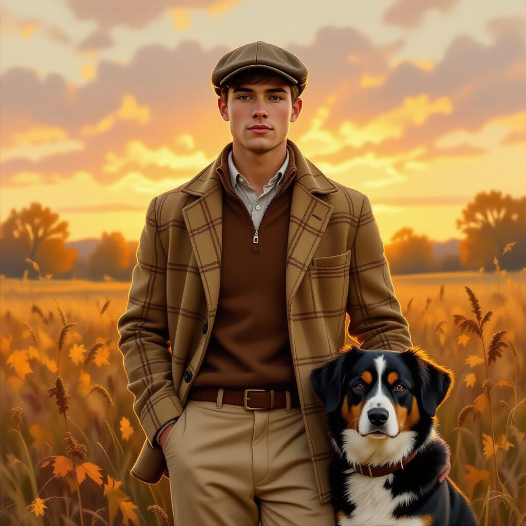Elegant Man with Dog in Autumn Landscape