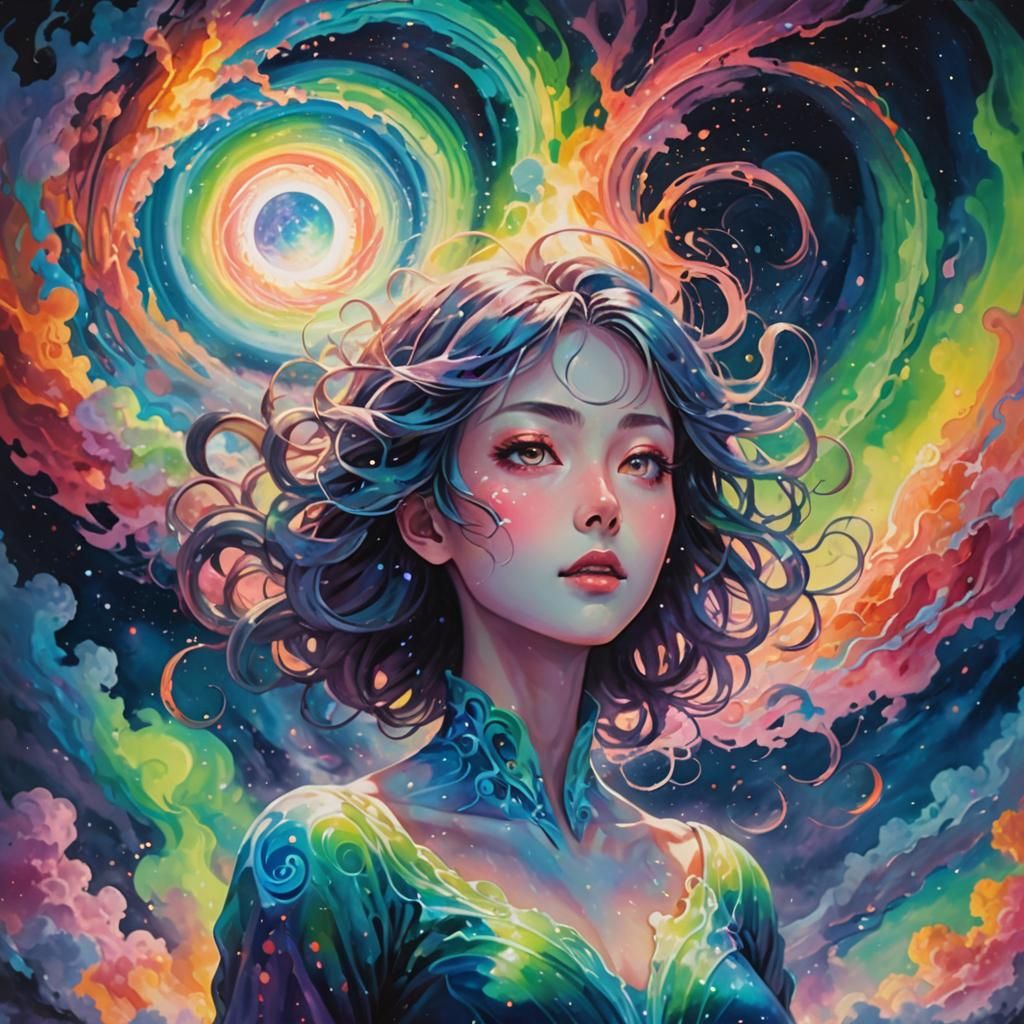 Ethereal Mist Woman Under Alien Auroras