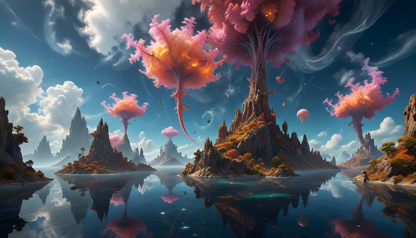 Surreal Fractal Islands Floating in Vivid Sky