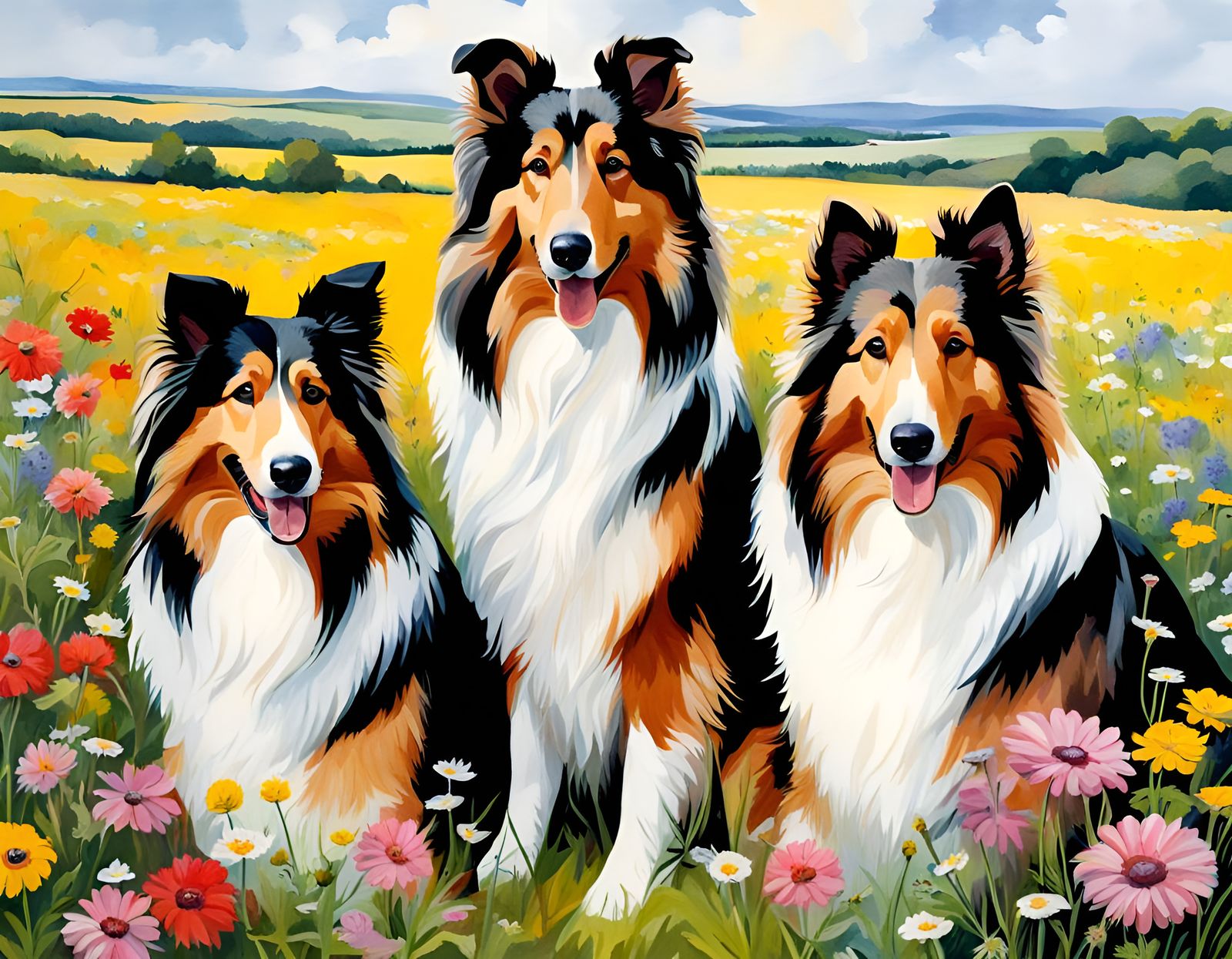 Rough collie dogs in wild flower meadow