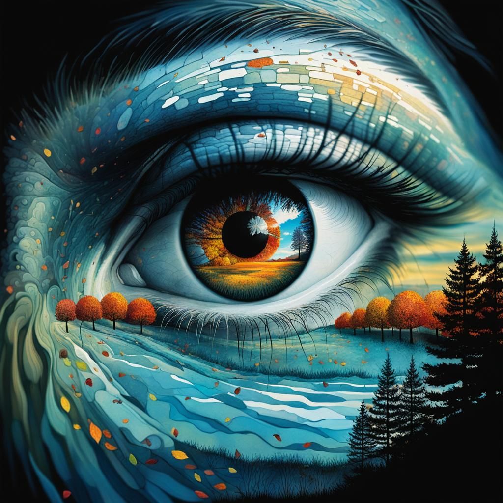 Eye Reflecting Autumn Landscape Double Exposure