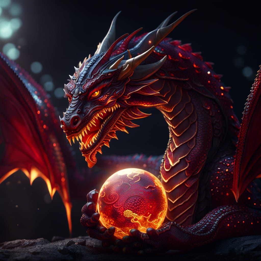 a dragon with red and gold scales, holding a glowing cosmic ...