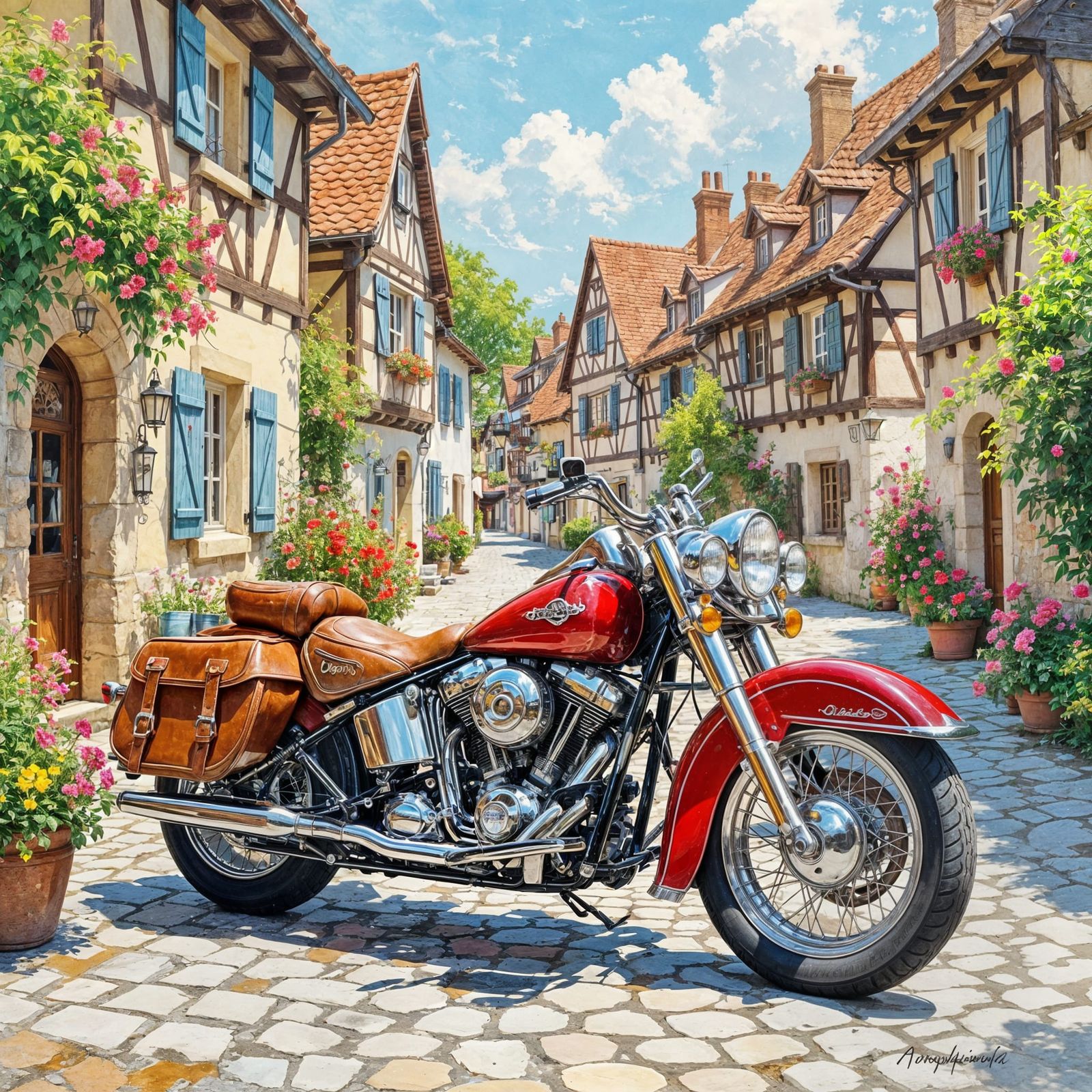 Vintage Motorcycle in European Village as Impasto Painting