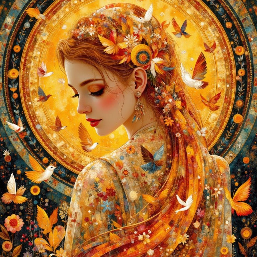 Ember-Fairy Goddess Portrait with Fire and Gold Leaf