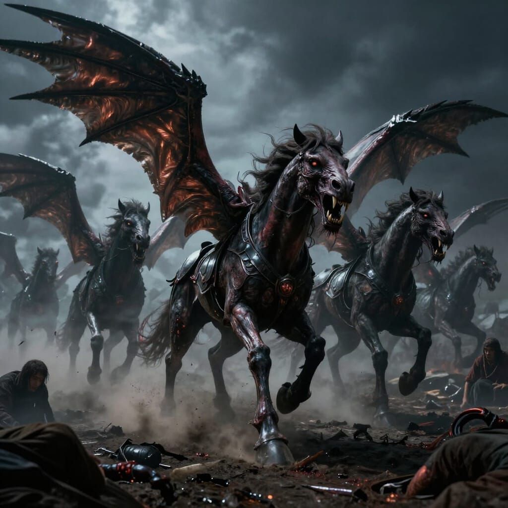 Nightmarish Horse Creatures Attack People in Smoky Landscape