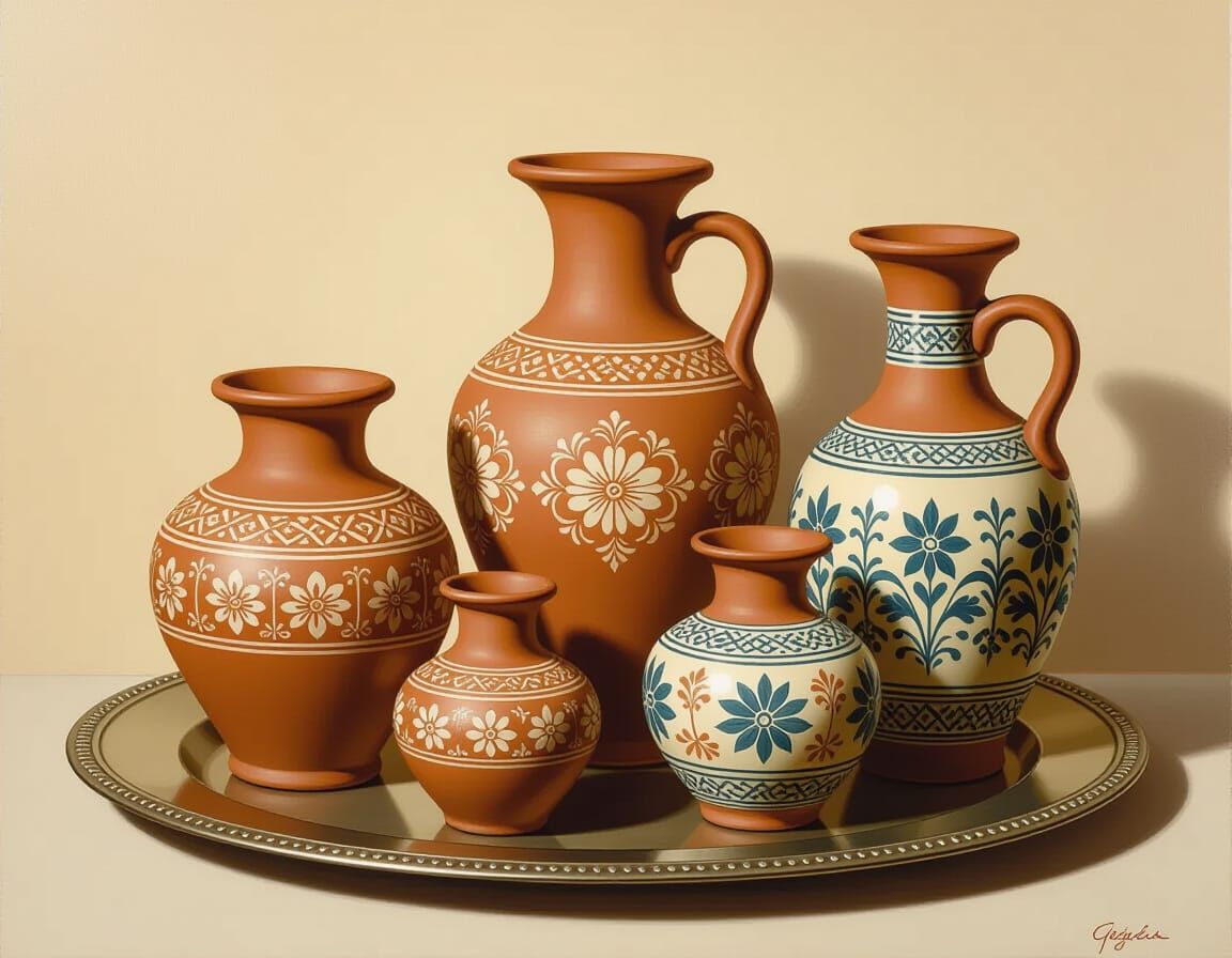 Elegant Clay Pots Still Life with Ornate Details